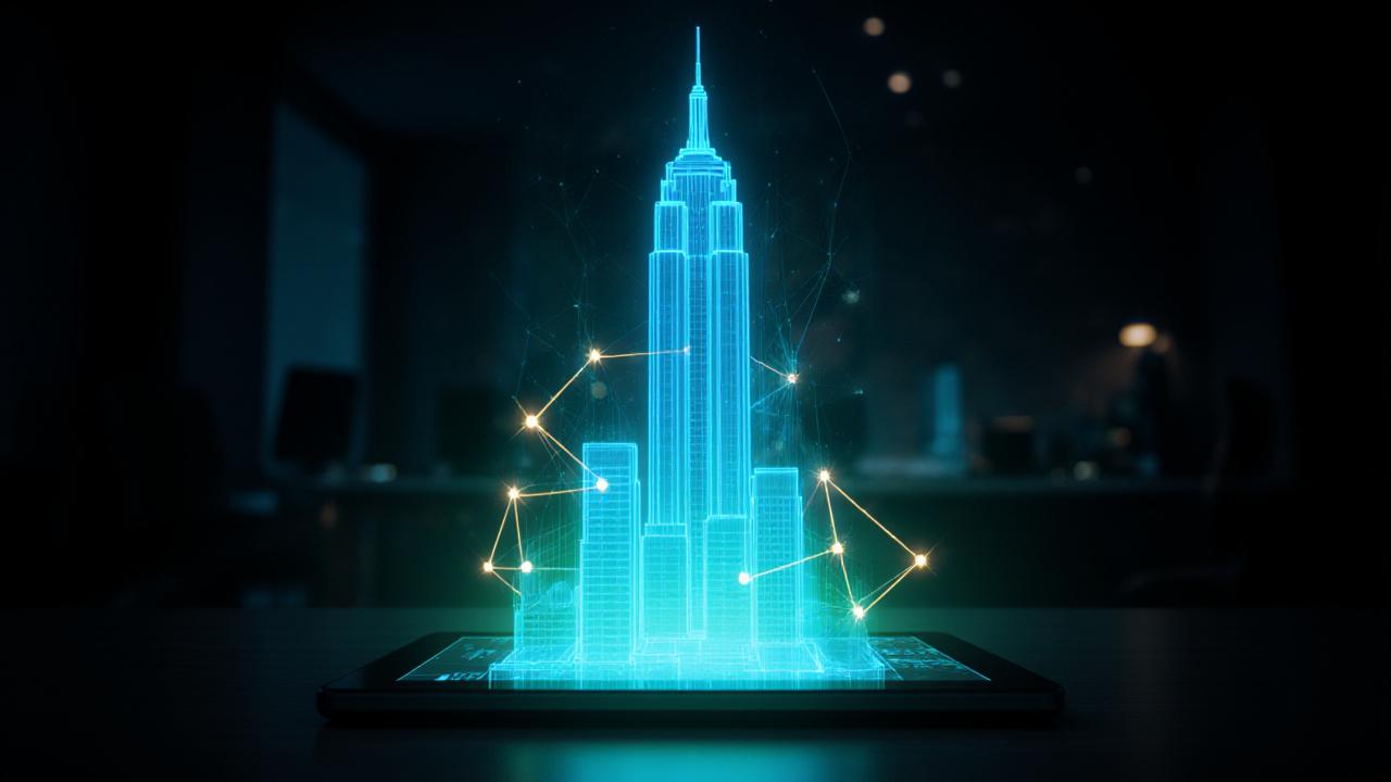 Architectural blueprint meeting digital technology interface